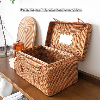 DecorBites™ Handwoven Rattan Storage Box Tea Food Container with Handle