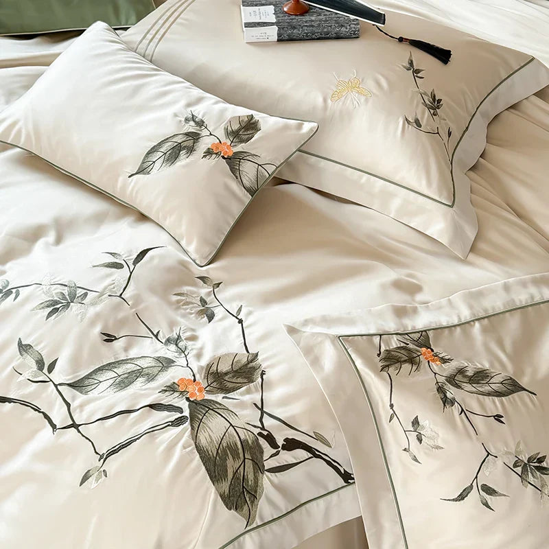 Decobites Deluxe Lyocell Cotton Embroidery Bedding Set - Soft, Silky, Breathable Luxury Bed Set