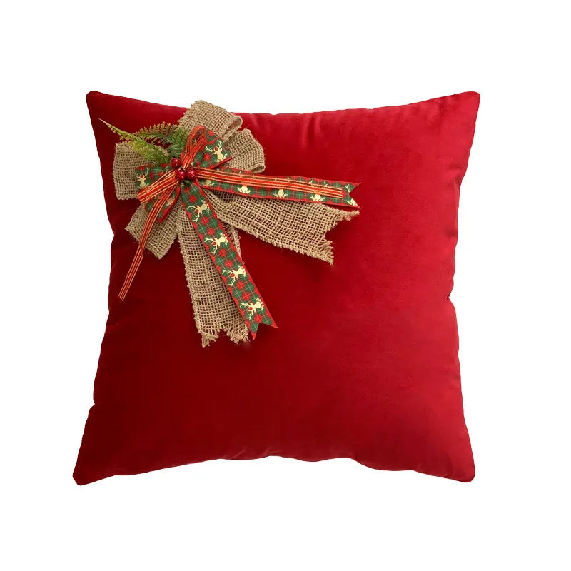 DecorBites™ Christmas Bow Patchwork Velvet Pillow Cover Set for Festive Home Decor