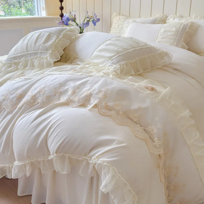 DecorBites™ Lace Luxury Bed Skirt Set: Silky Solid Color Bedclothes Single Double Bedspread