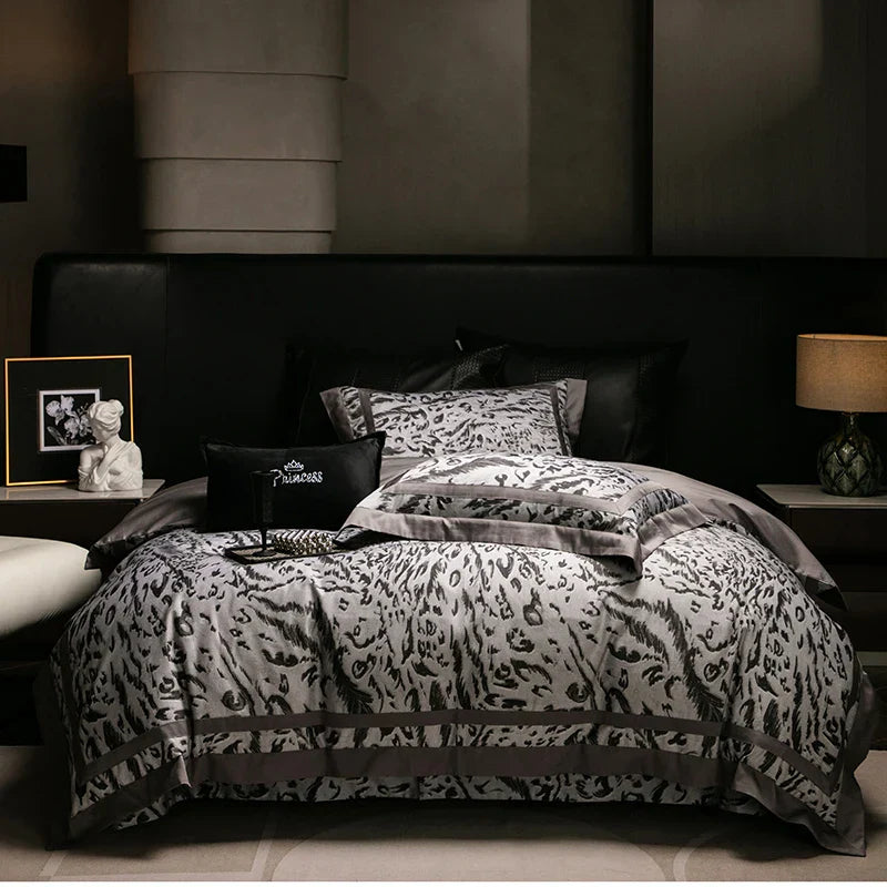 طقم سرير DecorBites™ 1000TC من القطن المصري بطبعة حمار وحشي مع غطاء لحاف وملاءة وأغطية وسائد