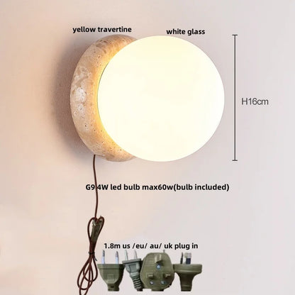 DecorBites™ LED Wall Light: Nordic Modern Design with White Glass & Yellow Travertine Wood