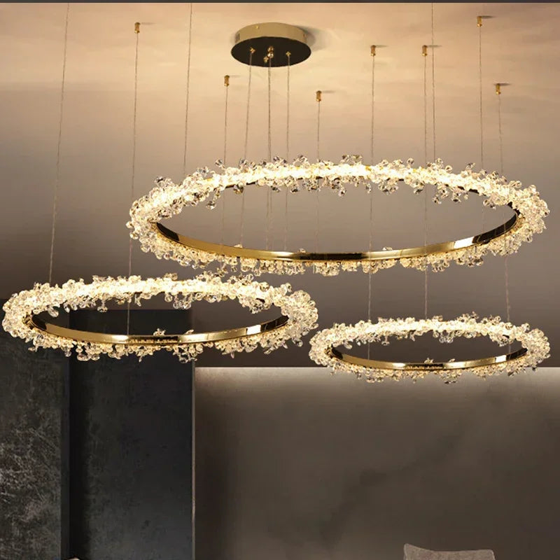 DecorBites™ Golden Round Crystal Chandelier | Nordic Luxury LED Halo Chandelier for Living Room