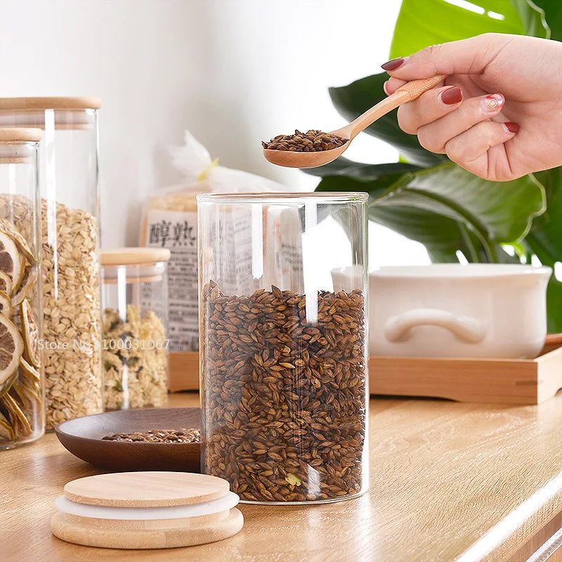 DecorBites™ Bamboo-Covered Glass Storage Jars: Airtight Solution for Kitchen Organizing