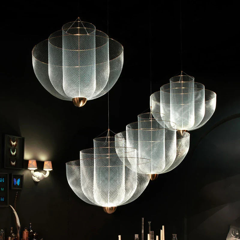 DecorBites™ Gold Mesh Grid Ceiling Chandelier: Dimmable LED Indoor Lighting