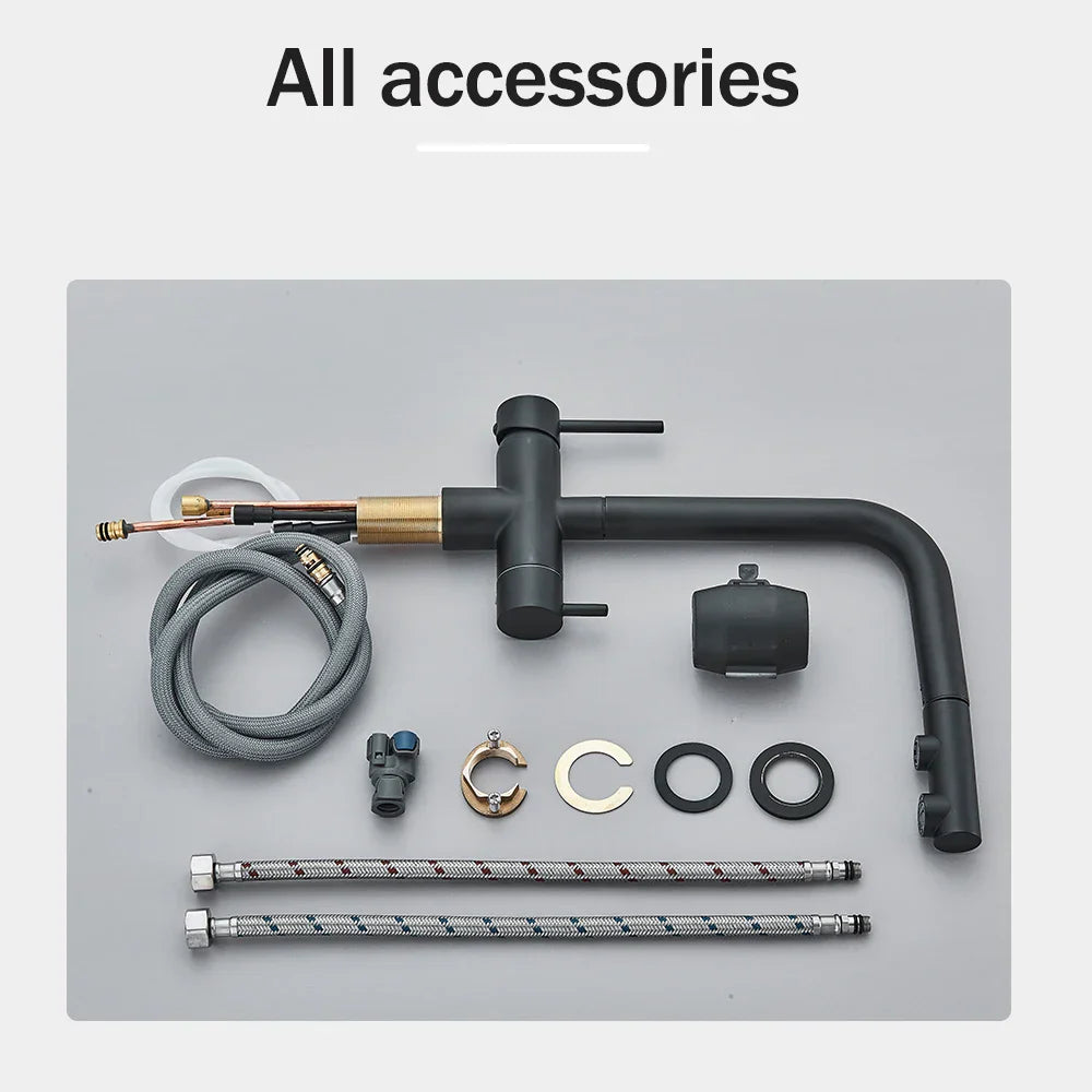 صنبور تنقية المياه الأسود القابل للسحب من DecorBites™: صنبور خلاط ساخن وبارد 2 في 1