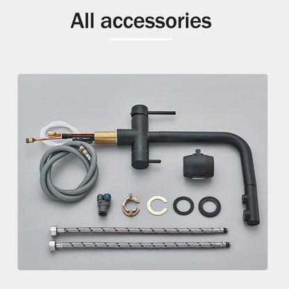 صنبور تنقية المياه الأسود القابل للسحب من DecorBites™: صنبور خلاط ساخن وبارد 2 في 1