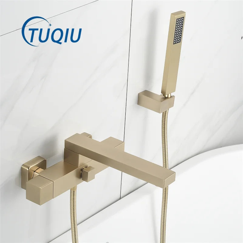 DecorBites™ Brushed Gold Wall Mounted Waterfall Bathtub Shower Set Mixer Tap