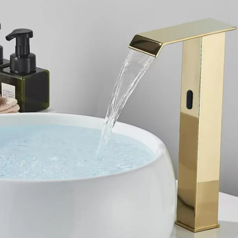 DecorBites™ Gold Sensor Waterfall Basin Faucet Automatic Touchless Hot Cold Mixer Bathroom
