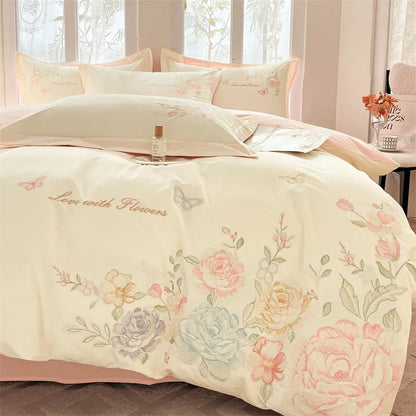 Decobites Floral Butterfly Embroidery Cotton 4Pcs Bedding Set, Beige/Pink Theme