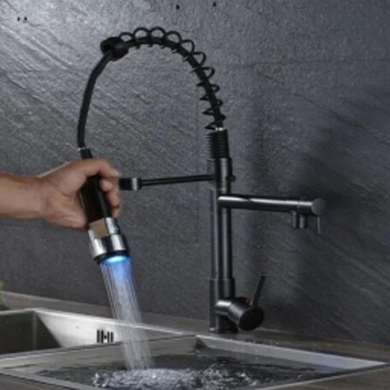 DecorBites™ LED Spring Kitchen Faucet: Dual Swivel Spout, Pull Down, Hot Cold Mixer Tap