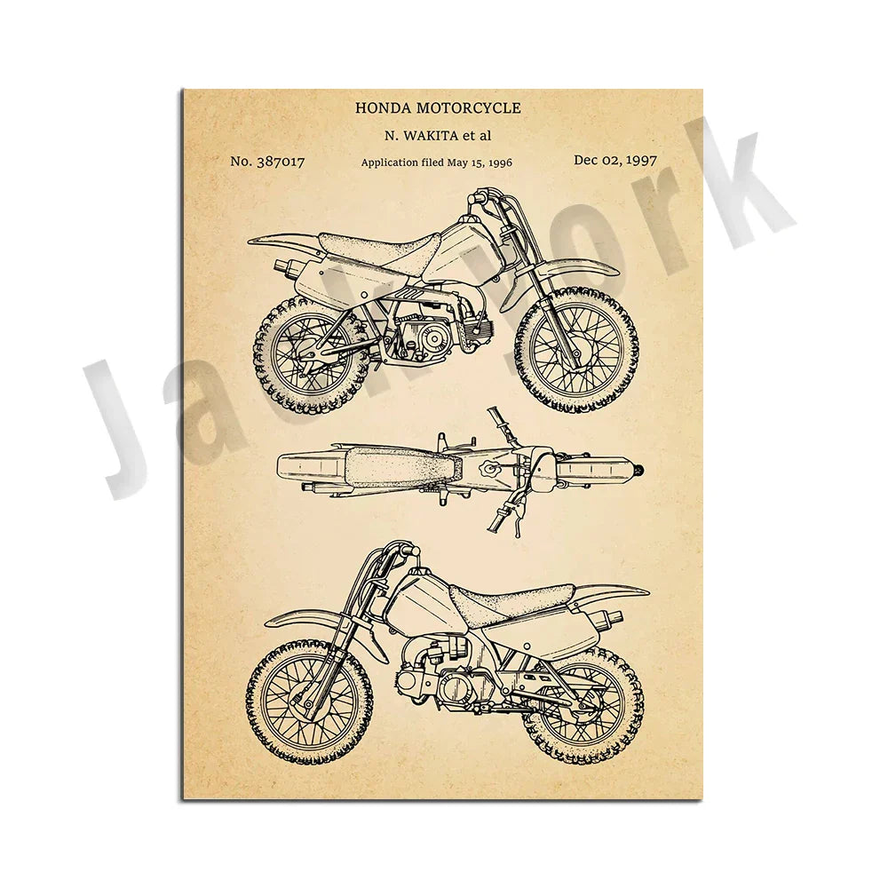 DecorBites™ Dirt Bike Patent Blueprint Poster Canvas Wall Art