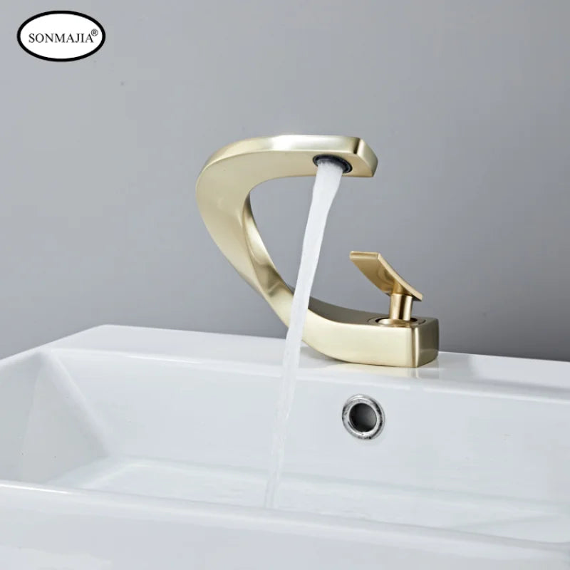 SONMAJIA Brass Golden Bathroom Faucet, Hot and Cold Single Handle Faucet, Solid Brass Basin Mixer Faucet with Unique Design