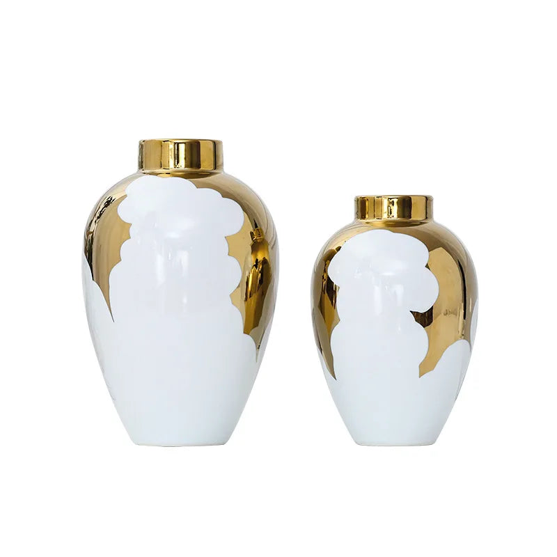 DecorBites™ Gold & White Ceramic Vase for Stylish Home Décor and Flower Display