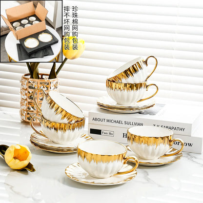 DecorBites™ Golden Ceramic Tea Cup Set, Elegant English Afternoon Tea, High Aesthetic Value