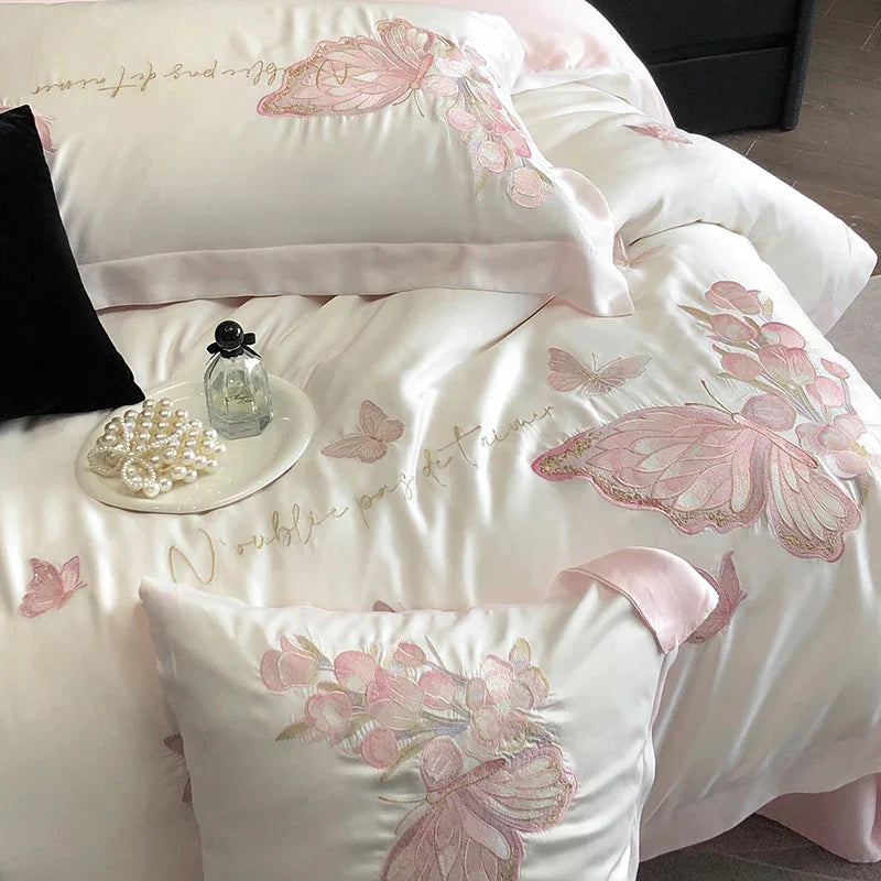 Decobites Pink Butterfly Flowers 1000TC Egyptian Cotton Bedding Set - 4Pcs