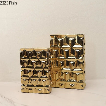DecorBites™ Golden Square Ceramic Vase with Artificial Flowers for Room Aesthetic Decor