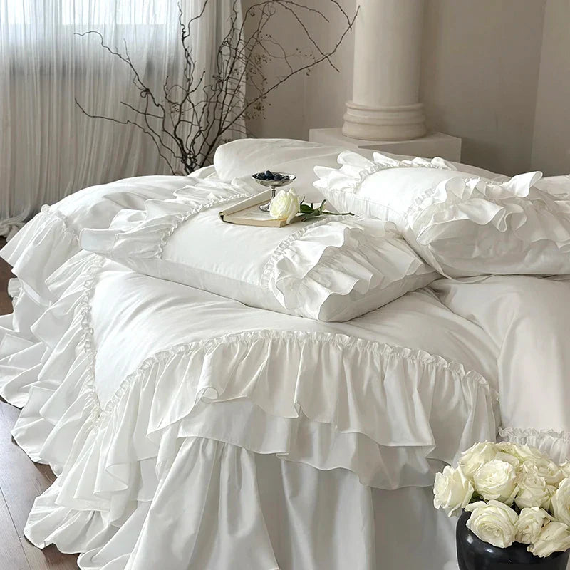 Decobites White French Princess Double Ruffles 1000TC Cotton Bedding Set