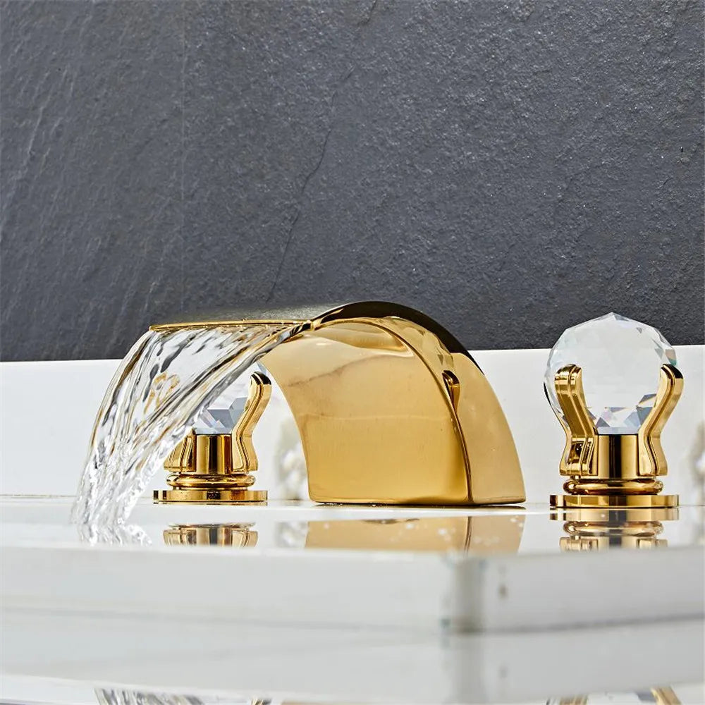 DecorBites™ Black Basin Faucet: Brass Gold Crystal Sink Faucet, 3 Hole Waterfall Tap