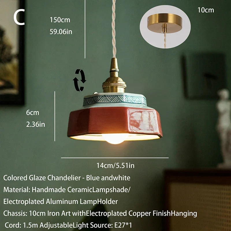 Japanese Retro Ceramic Pendant Light in Red or Blue
