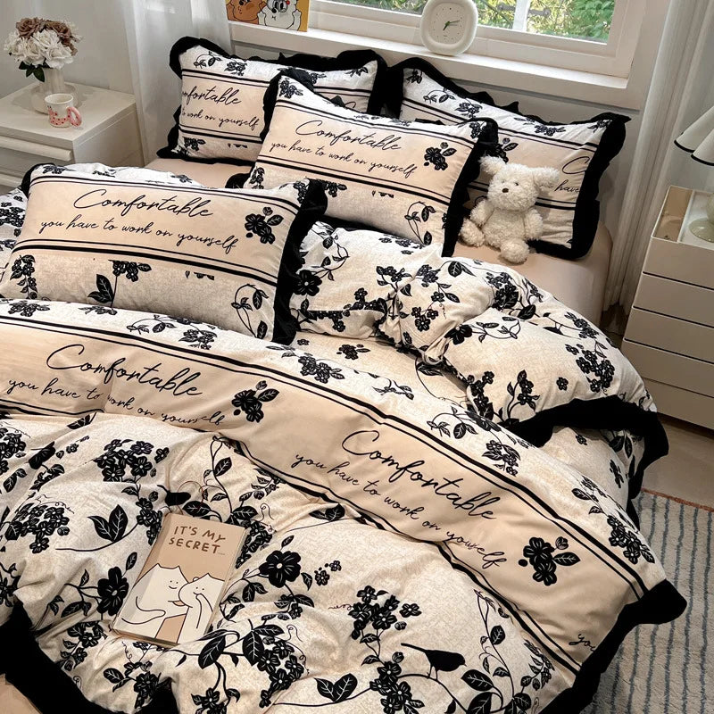 DecorBites™ Korean Black White Hepburn Style Bedding Set with Lace Fitted Sheet Set