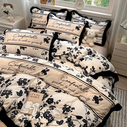 DecorBites™ Korean Black White Hepburn Style Bedding Set with Lace Fitted Sheet Set