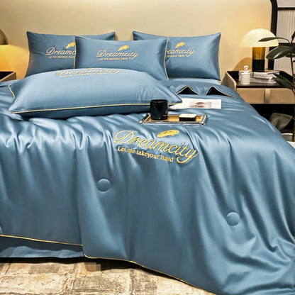 DecorBites™ Embroidered Ice Silk Summer Quilt Set with Pillowcases