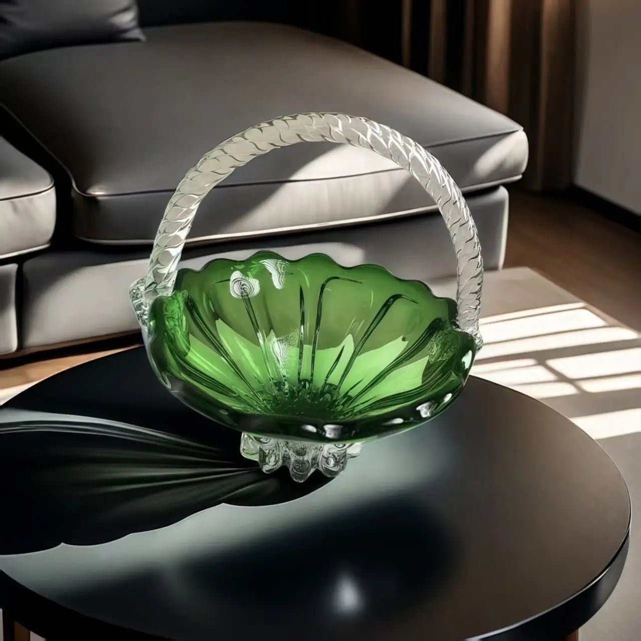 DecorBites™ Crystal Handle Fruit Basket Glass Tray for Coffee Table, Elegant Living Room Decor