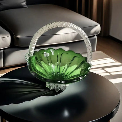 DecorBites™ Crystal Handle Fruit Basket Glass Tray for Coffee Table, Elegant Living Room Decor