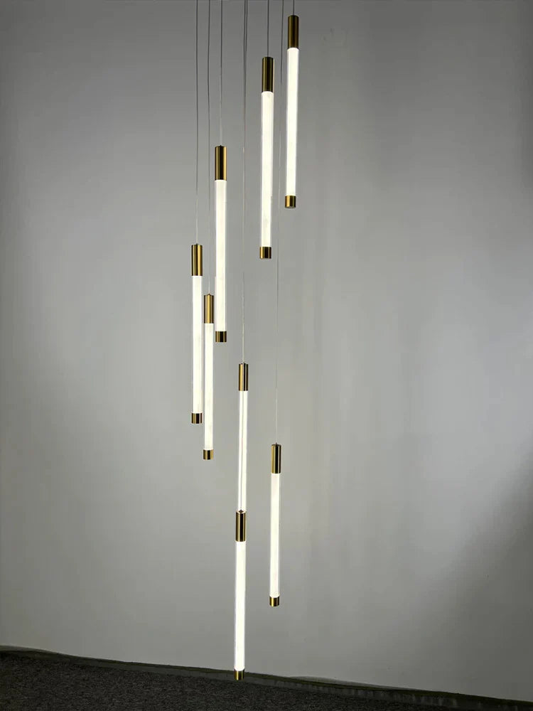 DecorBites™ Golden Tube Chandelier: Modern Designer LED Staircase Light for Nordic Loft Apartment
