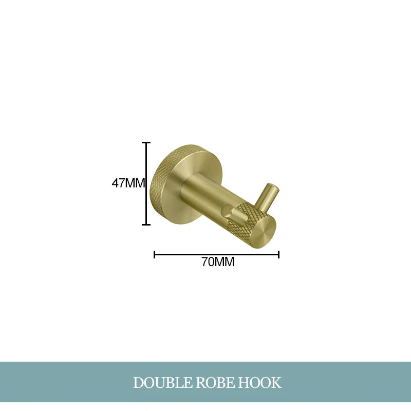 Conjunto de Hardware Decorbites™ Gold: Barra de Toallas, Soporte para Papel Higiénico, Gancho para Batas, Colgador de Tazas