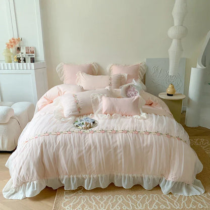 Decobites Pink French Princess Lace Ruffles Bedding Set with Pillowcases & Bed Sheet