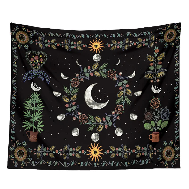 Decobites Celestial Moon Phase Floral Tapestry Wall Hanging