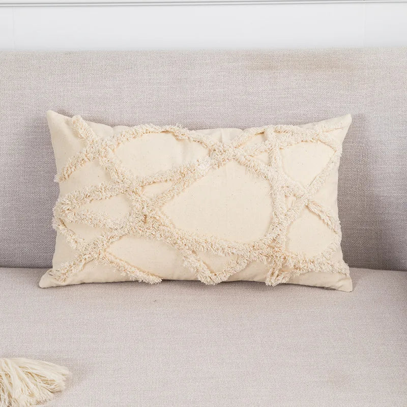 Funda de cojín DecorBites™ Boho con borlas blancas y mechones, color beige, estilo boho, para decoración del hogar, cuadrada, con cuentas.