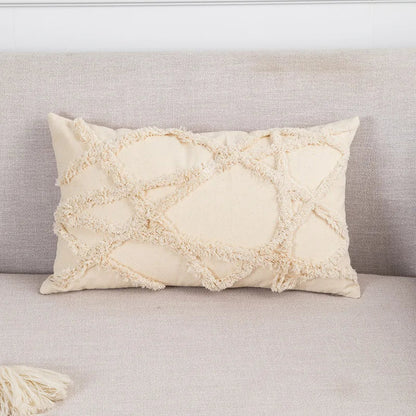 Funda de cojín DecorBites™ Boho con borlas blancas y mechones, color beige, estilo boho, para decoración del hogar, cuadrada, con cuentas.