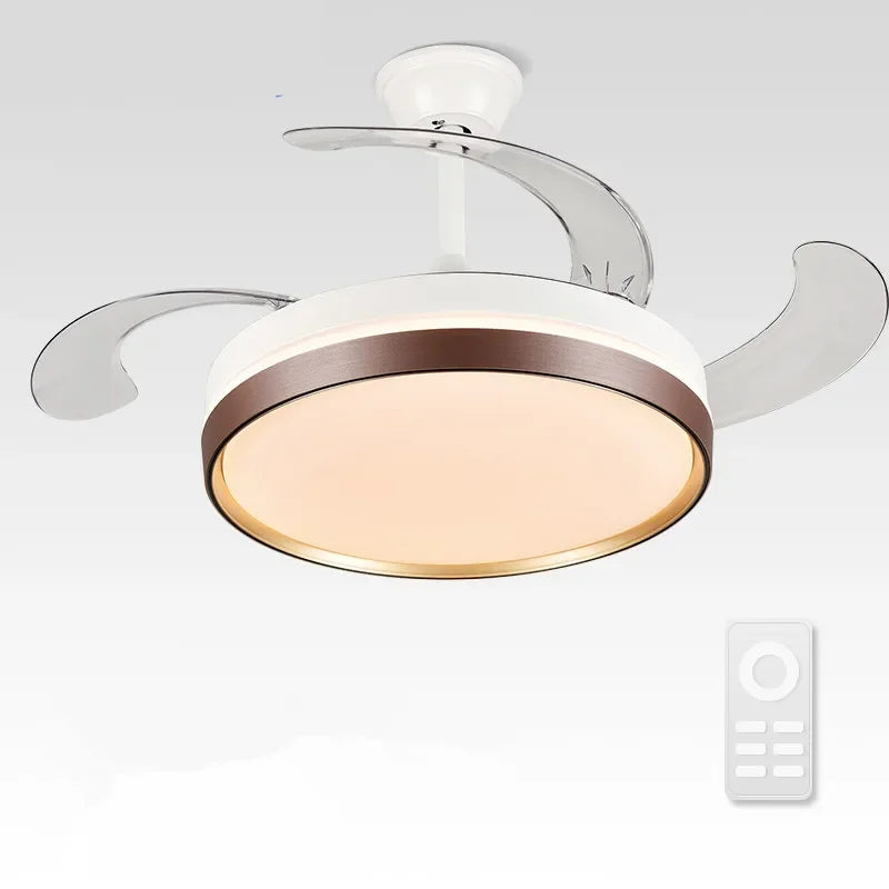 Ventilador de techo DecorBites™ de 42" con iluminación LED moderna en blanco y negro, con control remoto, ideal para comedor o dormitorio.