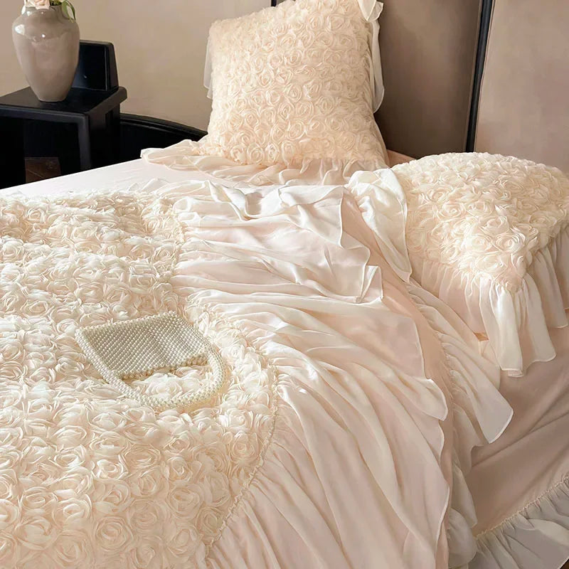 Decobites Rose Lace Bedding Set: Romantic Princess Wedding Duvet Cover Bed Sheet Pillowcases