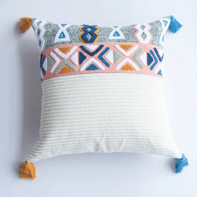 DecorBites™ Embroidered Blue Tufted Boho Pillow Cover with Tassel, Lumbar Decorative Cushion
