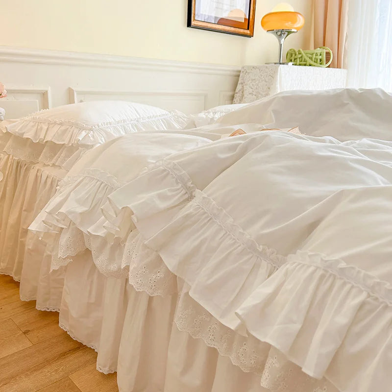 Decobites Korean Princess Style Double Ruffle Bedding Set for Queen King Bed