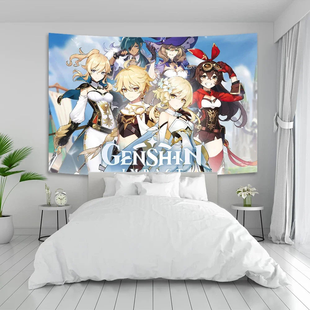 Decobites Genshin Impact Anime Game Tapestry, Vintage Bar Cafe Club Wall Decor, Kawaii Style