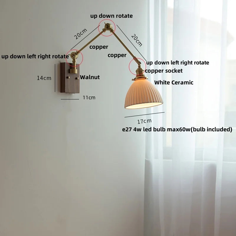 DecorBites™ Ceramic Ball Brass Walnut Wood Wall Light with Pull Chain Switch
