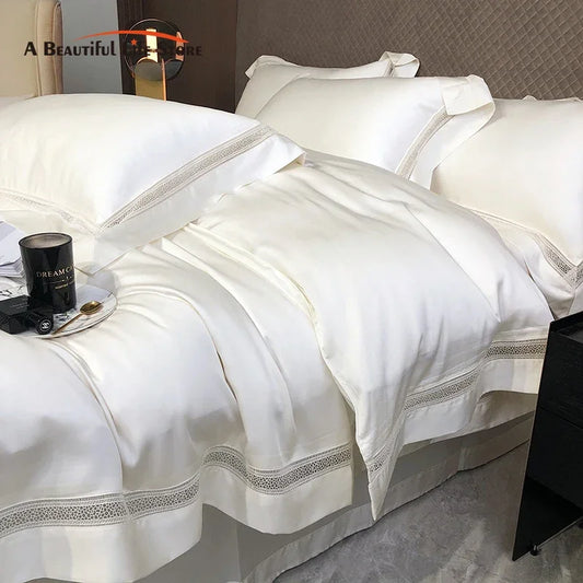 DecorBites™ Eucalyptus Lyocell Luxury Bedding Set in White Champagne Grey Pink