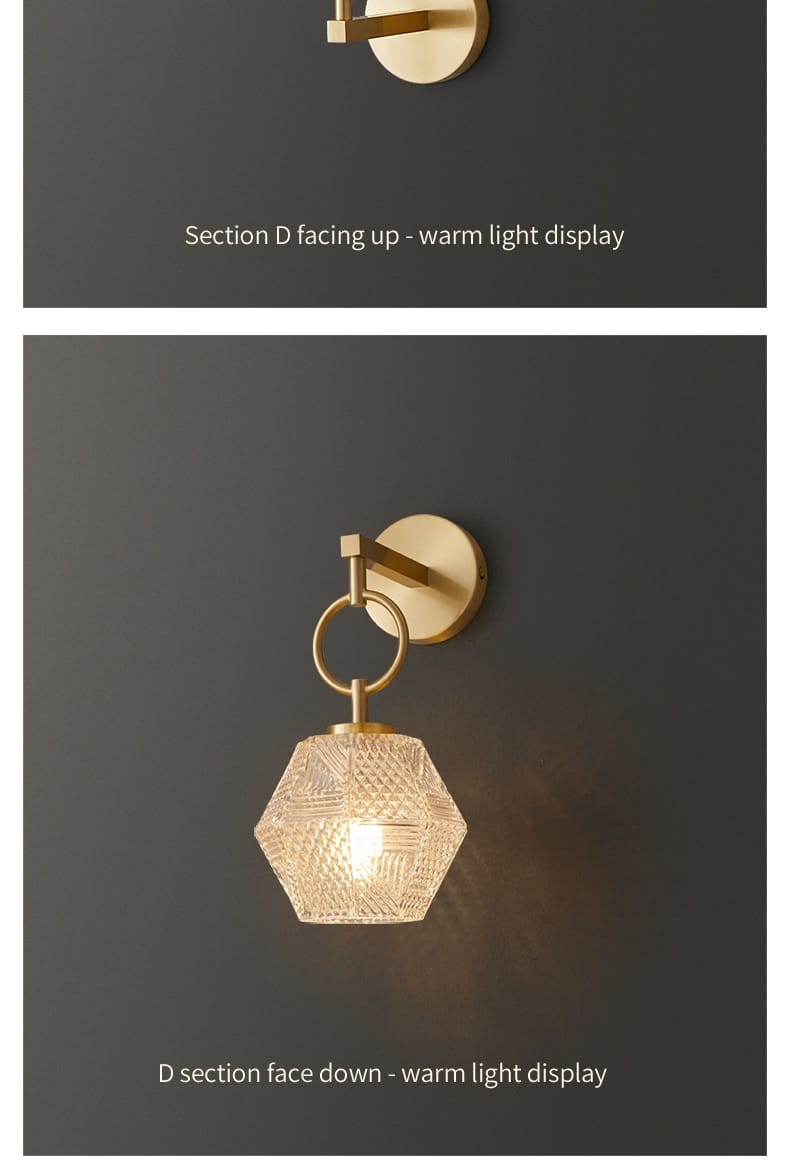 a postmodern luxury led wall lamp with a hexagonal glass lampshade featuring a faceted crystal pattern hanging from a gold brass fixture for bedroom lighting