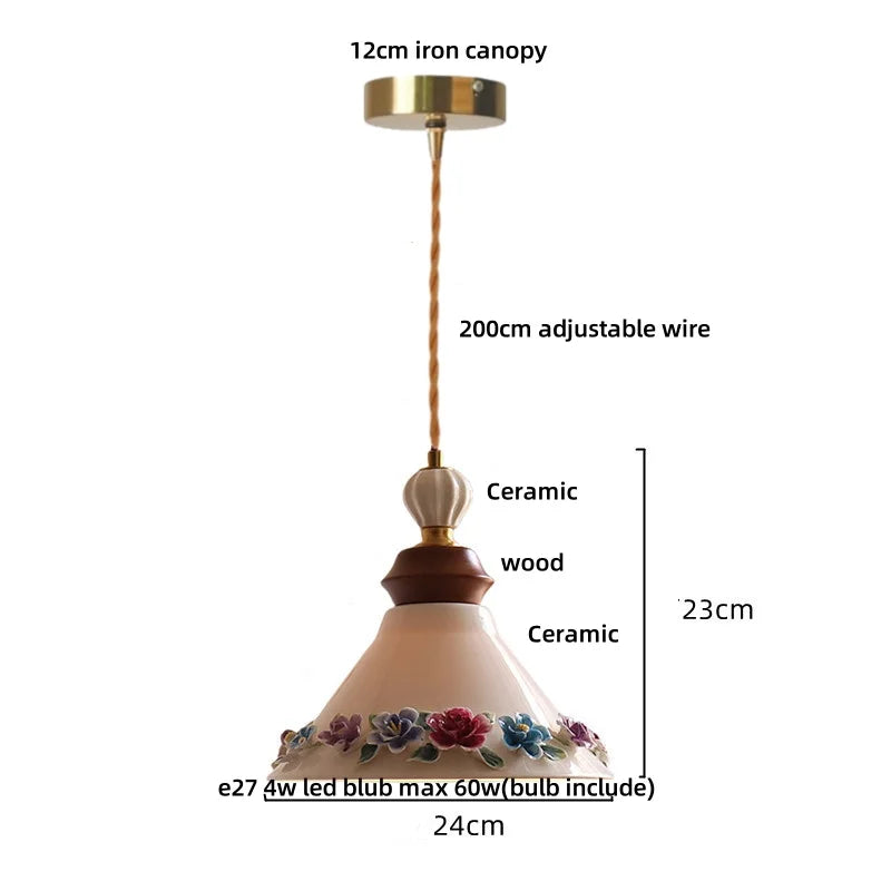 DecorBites™ LED Rose Flower Pendant Lamp Ceramic Wood Nordic Modern Hanging Light