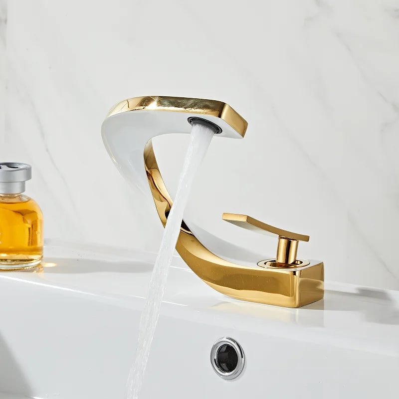 Grifo de lavabo para baño Decorbites™ Oro y Blanco montado en cubierta, latón con acento en oro rosa