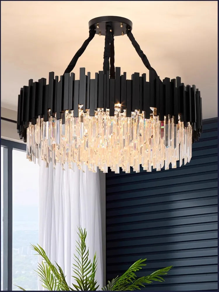 DecorBites™ Crystal Chandelier: Dimmable Gold/Black Stainless Steel Hanging Lamp