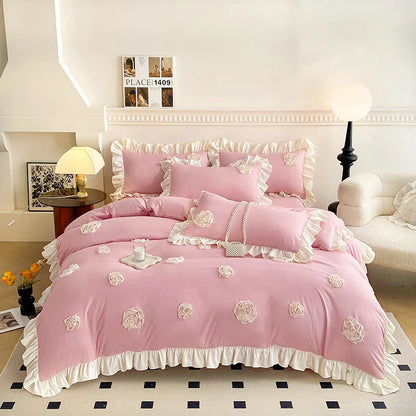 Decobites Pink Stereoscopic Bedding Set: Handwork Flowers Embroidery, Ruffle, Korean Style