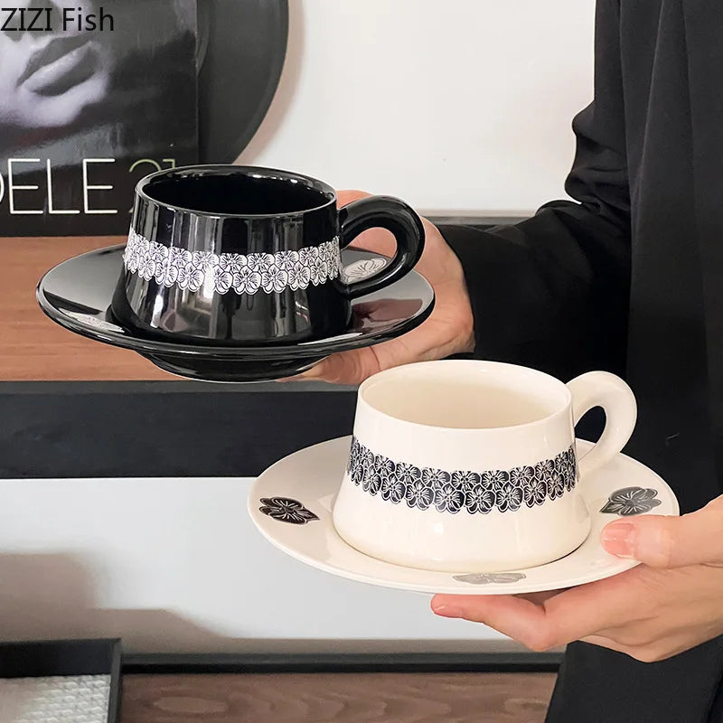 DecorBites™ Black Flower Porcelain Cup & Saucer Set, Elegant Coffee Mug for Dining & Afternoon Tea