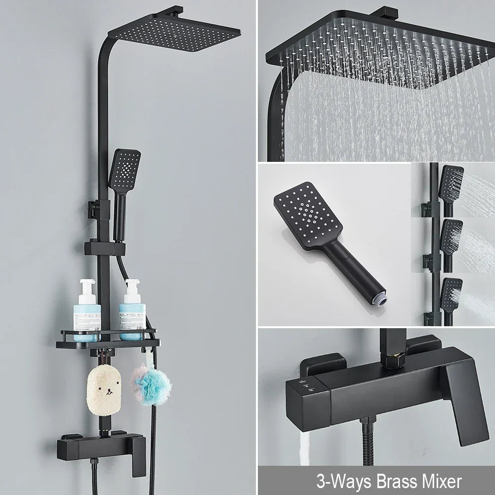 DecorBites™ Black Rainfall Shower Faucet Set with Bathtub Tap and Height Adjust Shower Mixer