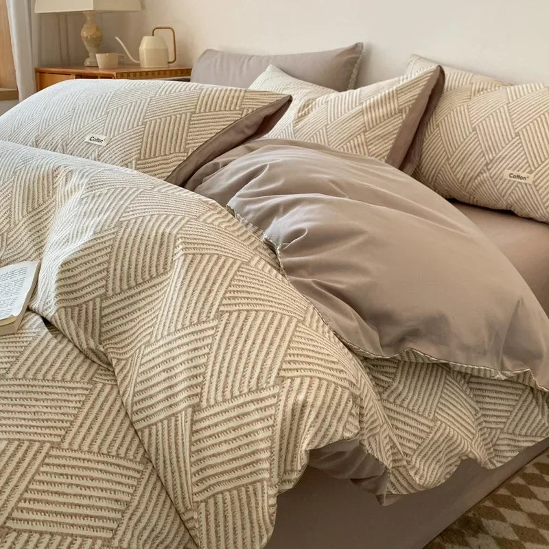 DecorBites™ Grid Printed Cotton Fitted Sheet Set - Double-Sided Mix Color Quilt Cover